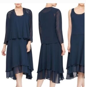 NWT SLNY Navu blue two piece formal dress & jacket 6 6p Petite sequins tiered